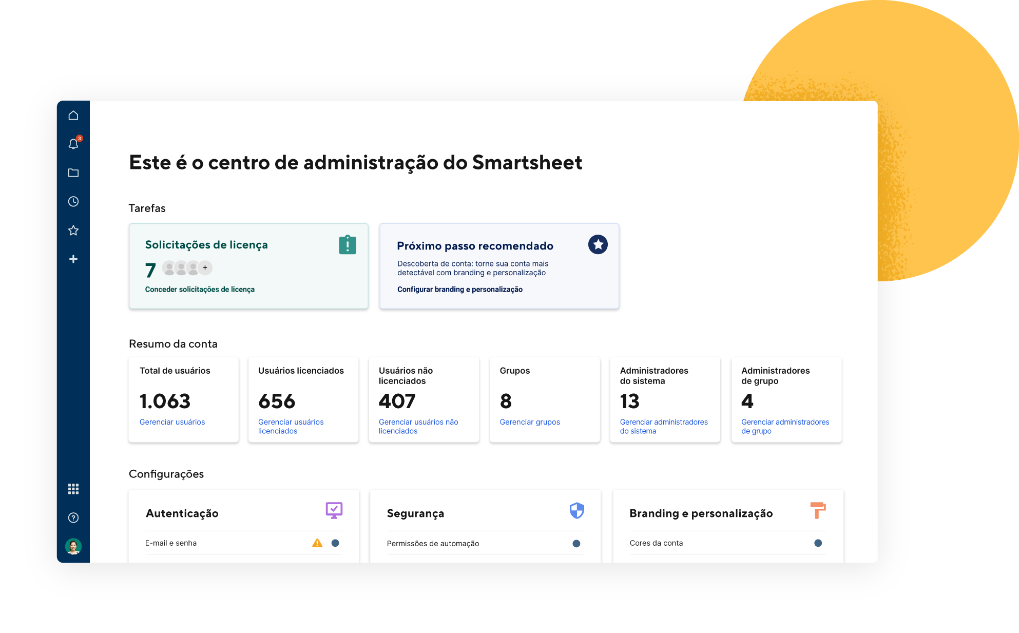 Centro de administracao do Smartsheet