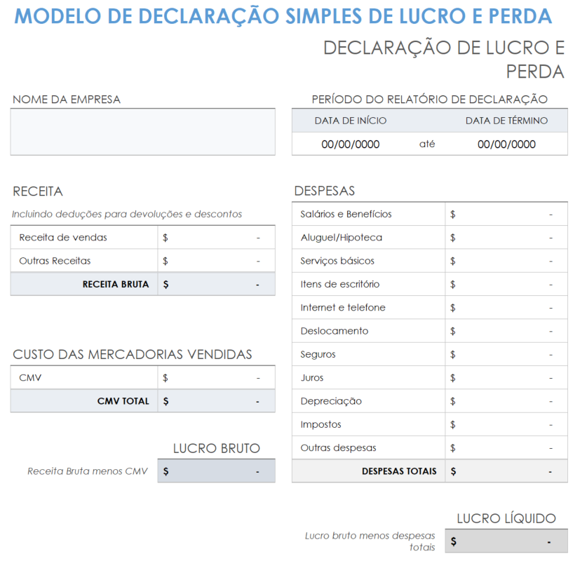 modelo de demonstração de lucros e perdas simples