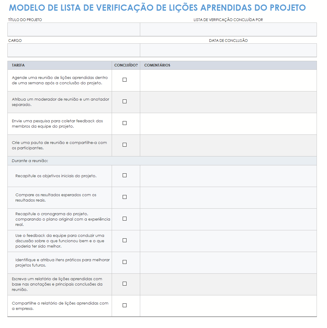  modelo de lista de verificação de lições aprendidas de projeto