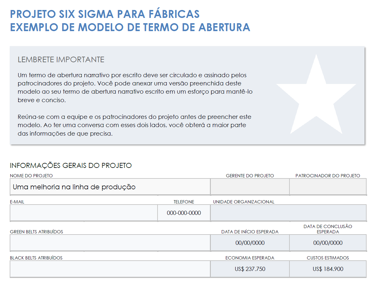  modelo de exemplo de carta de projeto de fabricação seis sigma