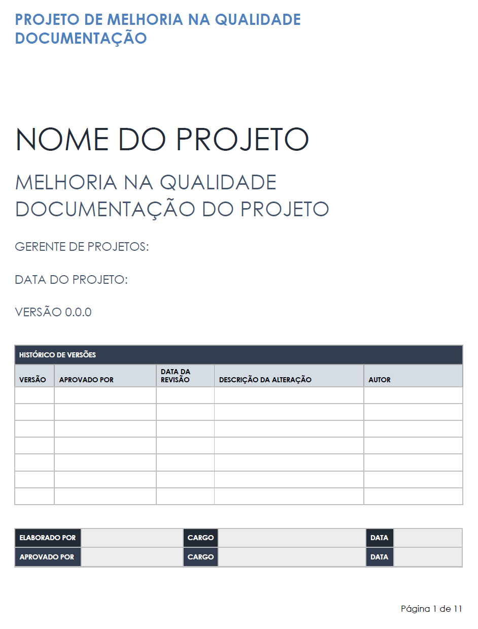 modelo de documentação de projeto de melhoria de qualidade