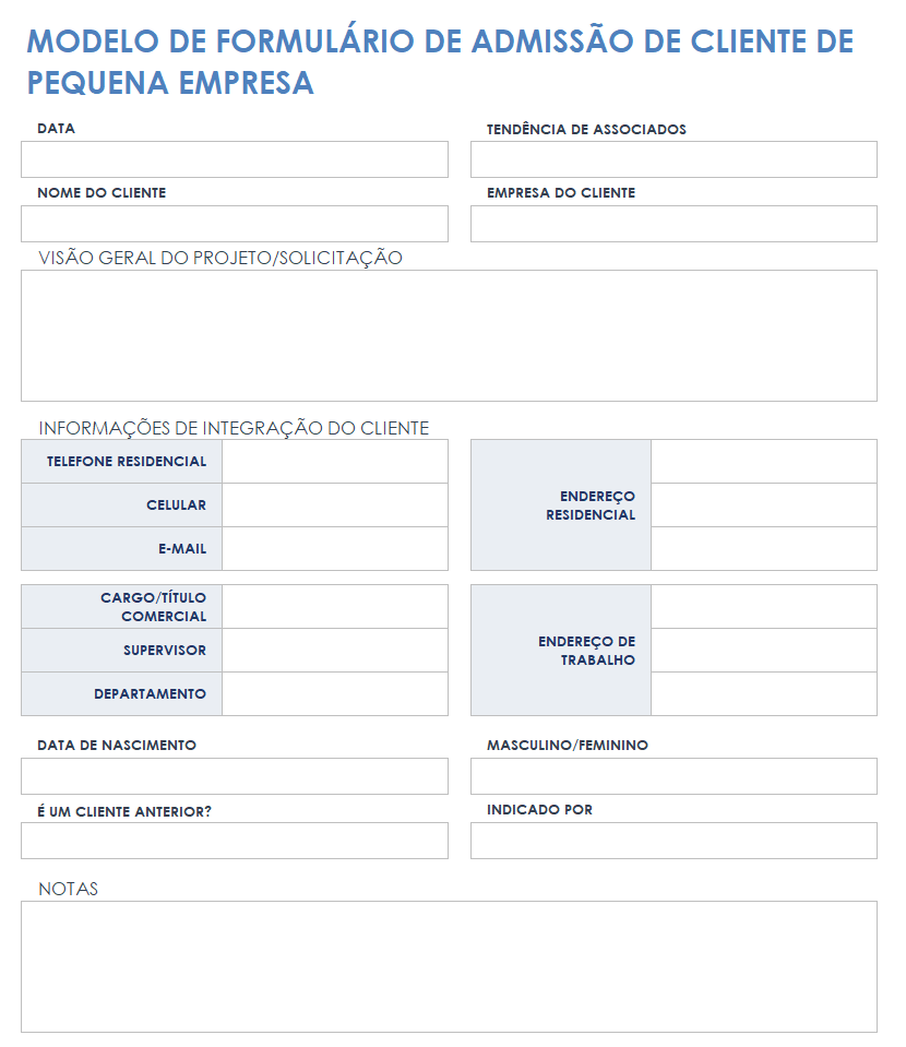 Formulário de admissão de clientes para pequenas empresas