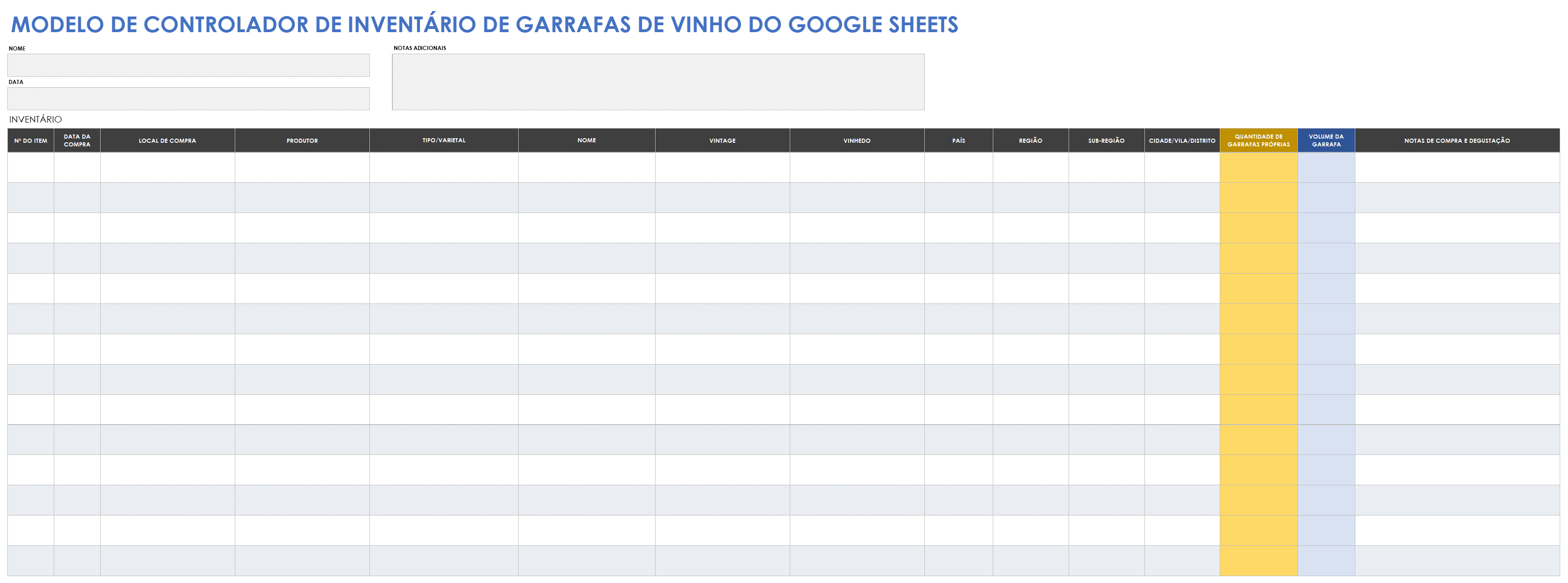  Modelo de rastreador de inventário de garrafas de vinho do Google Sheets