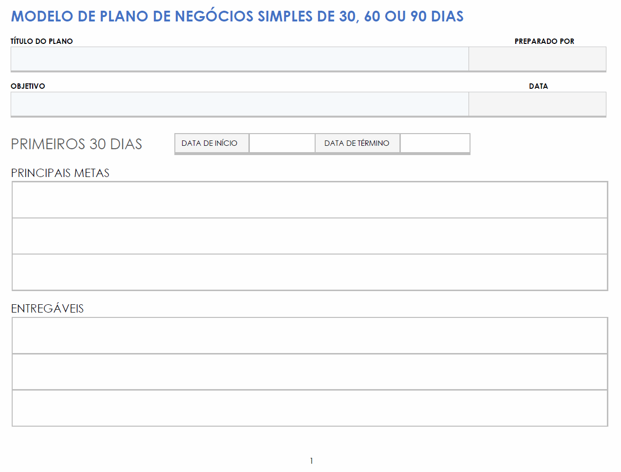  Modelo de plano de negócios simples de 30-60-90 dias