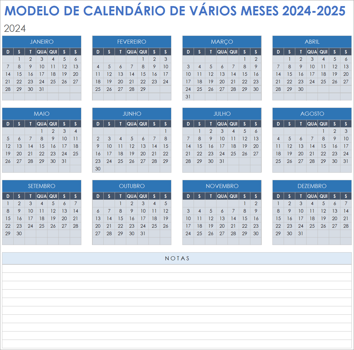 Calendário de vários meses 2024-2025