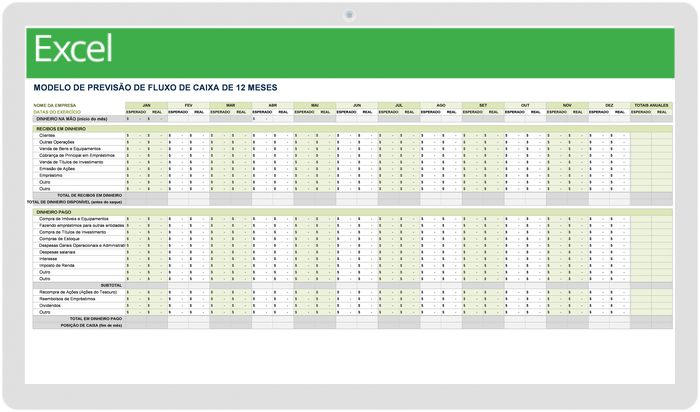 Modelo de previsão de fluxo de caixa de 12 meses