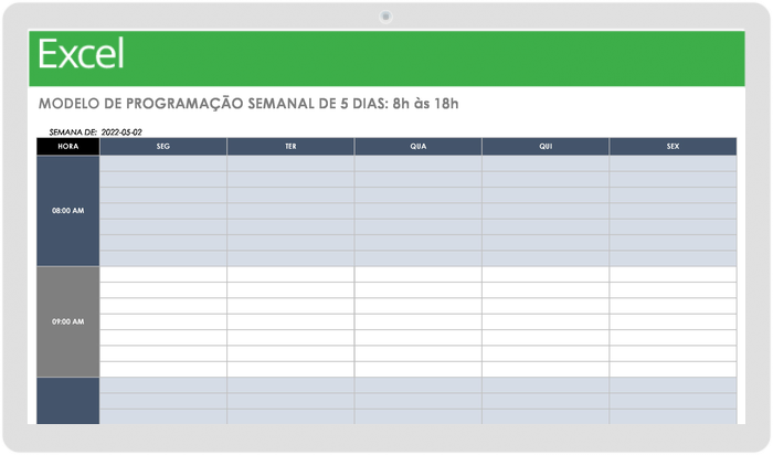 Modelo de horário de trabalho semanal de 5 dias, das 8h às 18h