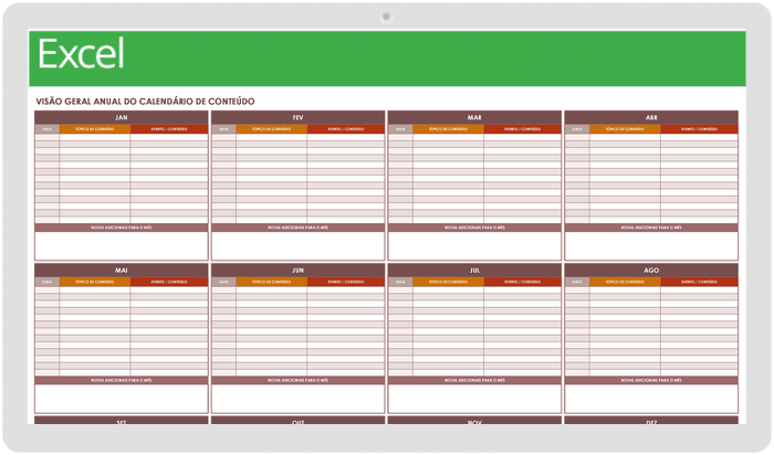 Modelo de calendário de conteúdo anual