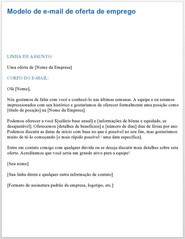 e-mail de oferta de emprego