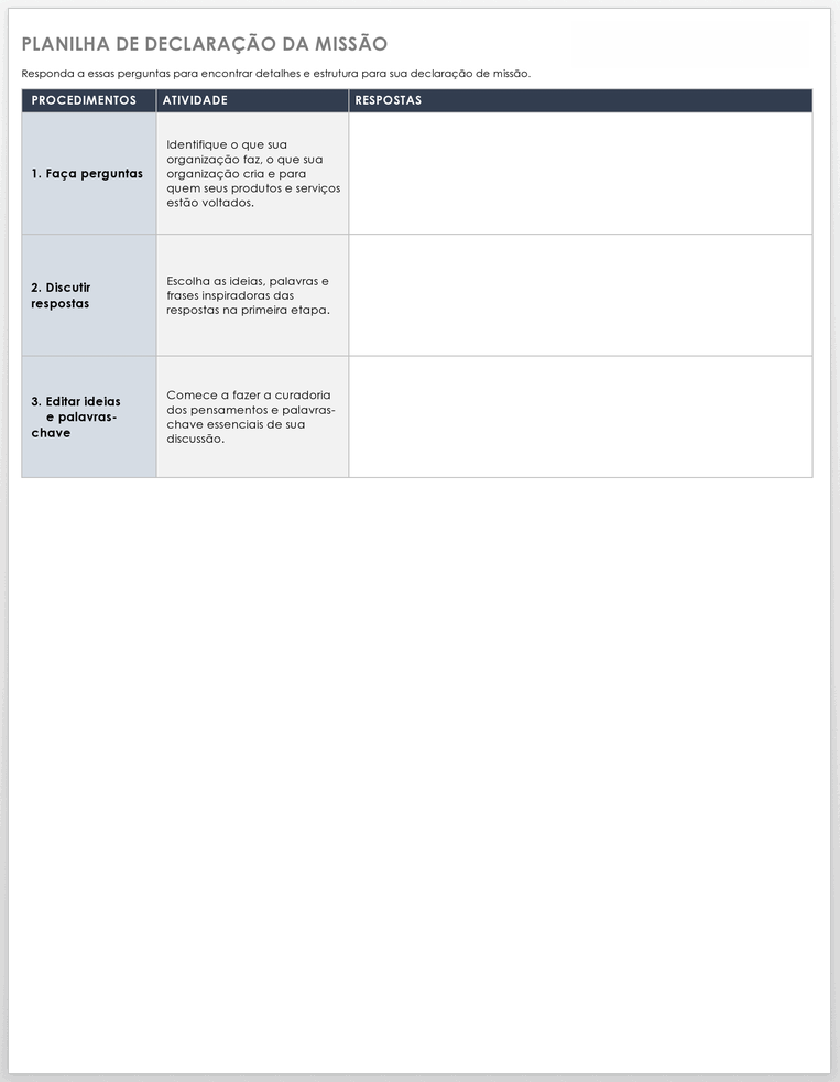 Planilha de Declaração de Missão