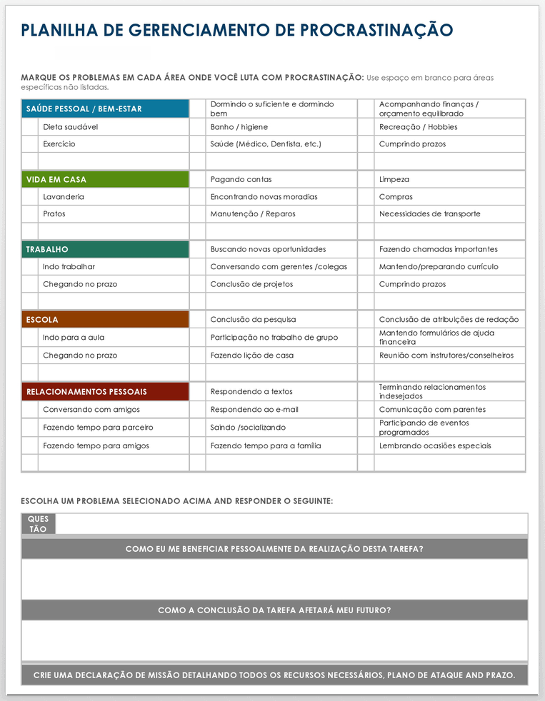  Modelo de Planilha de Gerenciamento de Procrastinação