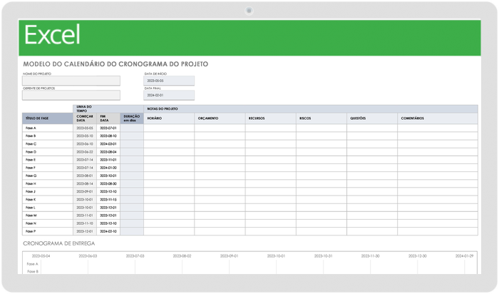 Modelo de calendário do cronograma do projeto