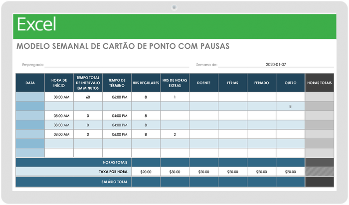 Modelos de cartão de ponto semanal com intervalos